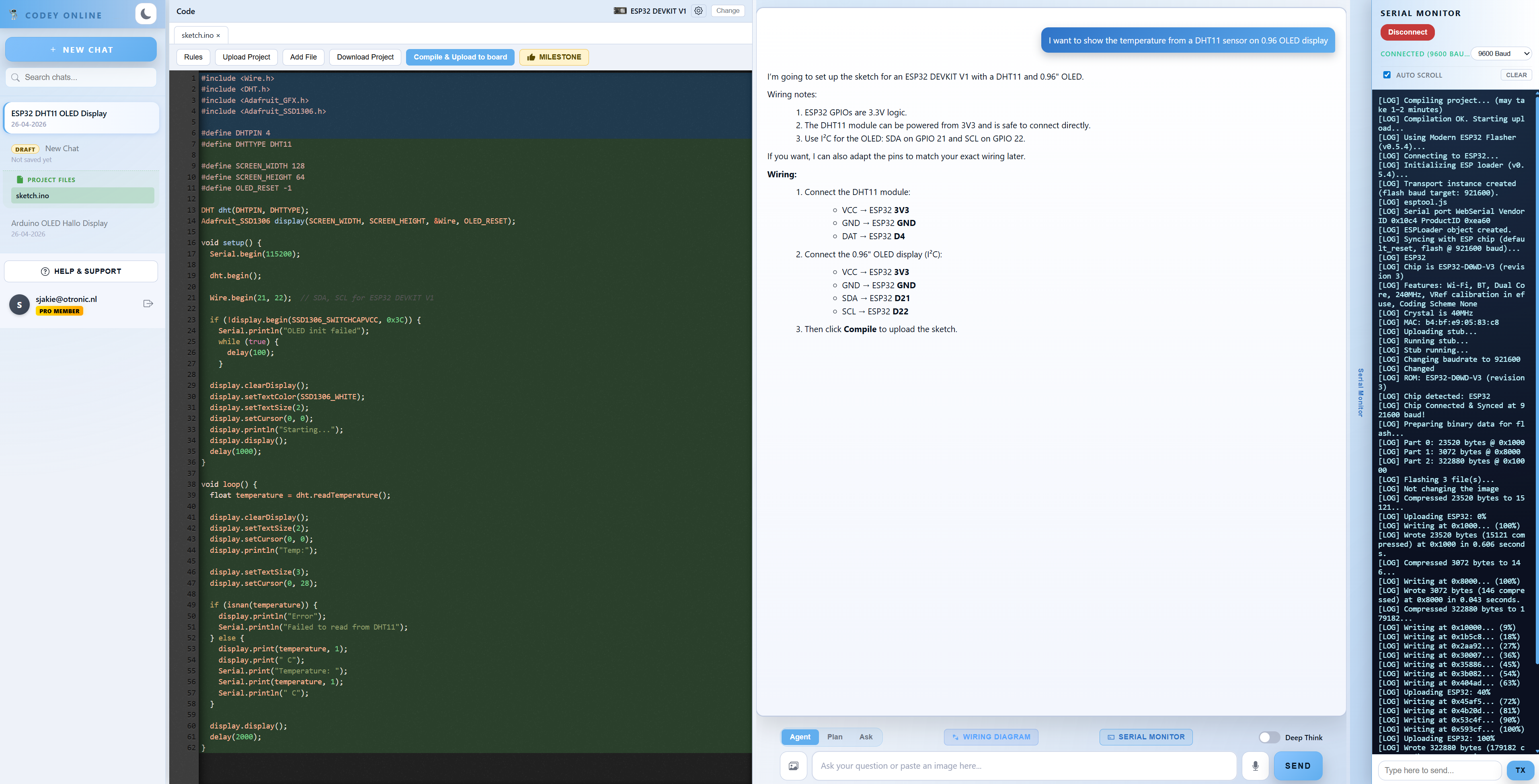 Codey Online dashboard: chat, multi-file code editor, and live serial monitor side by side while flashing an ESP32 with a DHT11 + OLED project